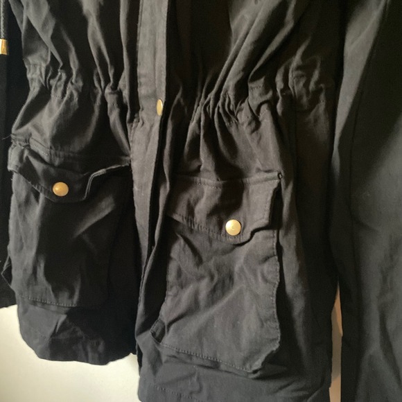 Eden Society Black Hooded‎ Anorak Jacket Drawstring Waist Gold Accents Cargo - Picture 3 of 7